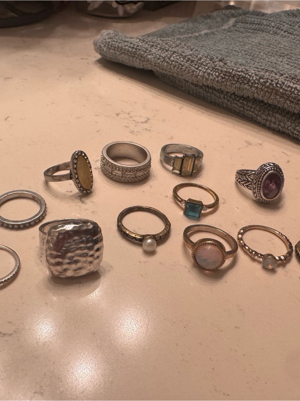 Mixed Stone and Metal Women's Ring Set - Gold and Silver Tones